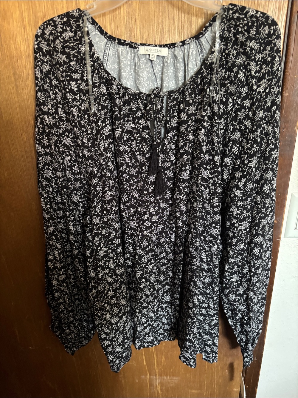 Angels Black & White Floral Tie-Neck Peasant Tunic